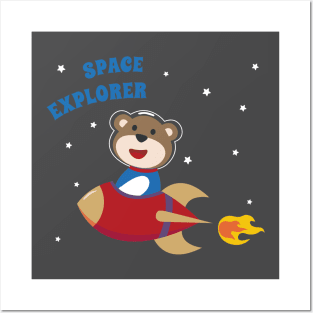 cute bear astronaut play with his rocket Posters and Art